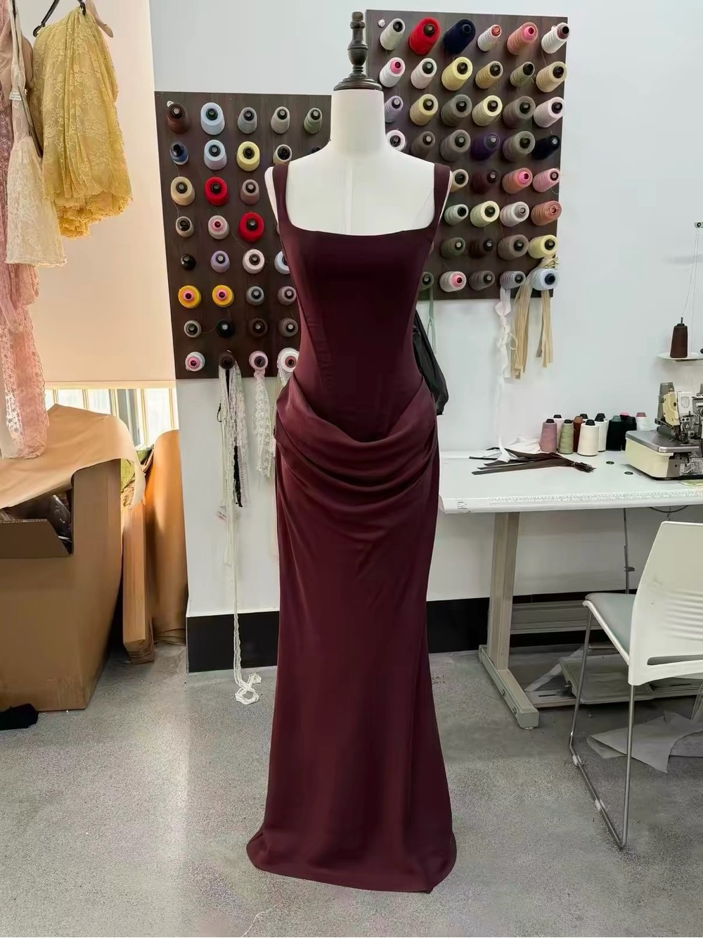 House of CB Burgundy Square-Neck Draped Waist Maxi Dress